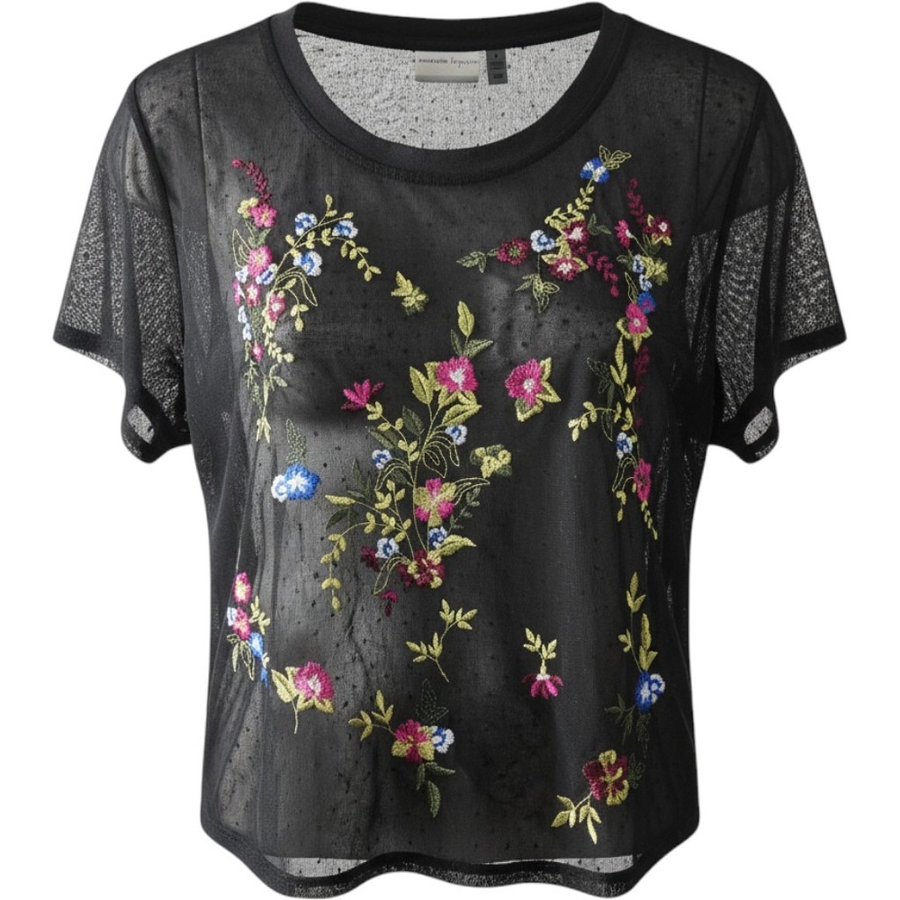 Nanette Lepore Embroidered Mesh Top Black Floral Sheer Short Sleeve Medium